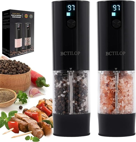 2Pack Electric Salt and Pepper Grinder Set with Power Display, USB Rechargeable Automatic Salt & Pepper Mills, Adjustable Coarseness, 120ml Larger Capacity with LED Light (Black Set)