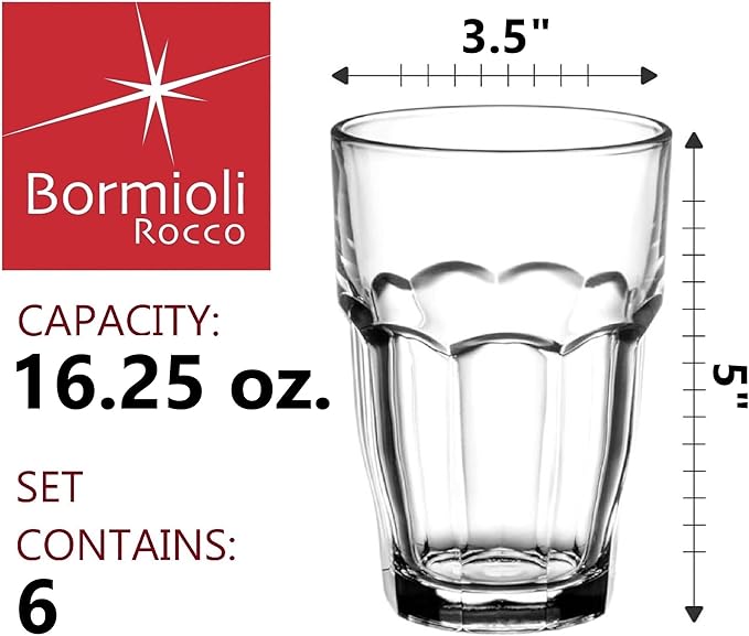 Bormioli Rocco Rock Bar 16.25 oz. Cooler Stackable Tempered Beverage Glasses for Cold Drinks, Water, and Cocktails, Set of 6, Clear