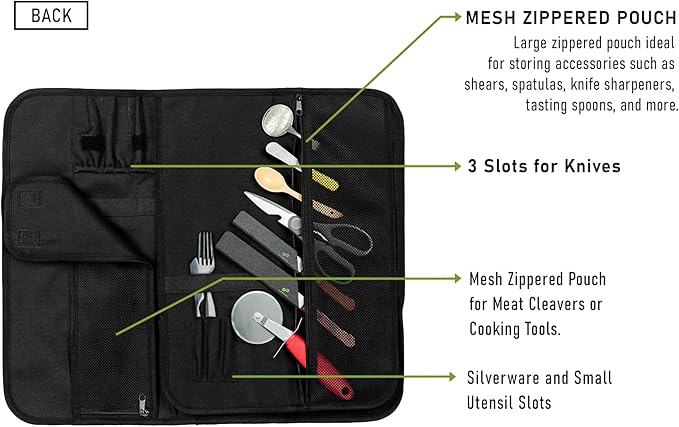 EVERPRIDE Chef Knife Roll Bag Holds 10 Knives – Contains 2 Large Zippered Pockets for Meat Cleavers and Cooking Tools – Durable Knife Case for Chefs and Culinary Students – Knives Not Included