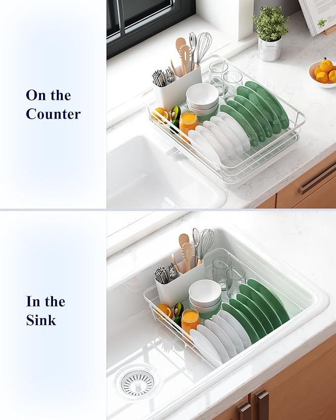 Kitsure Dish Drying Rack for Kitchen Counter, Stainless Steel Sink Organization and Storage Essentials with Cutlery Holder, Home and Appartment Decor, 12''W x 15.5''L, White