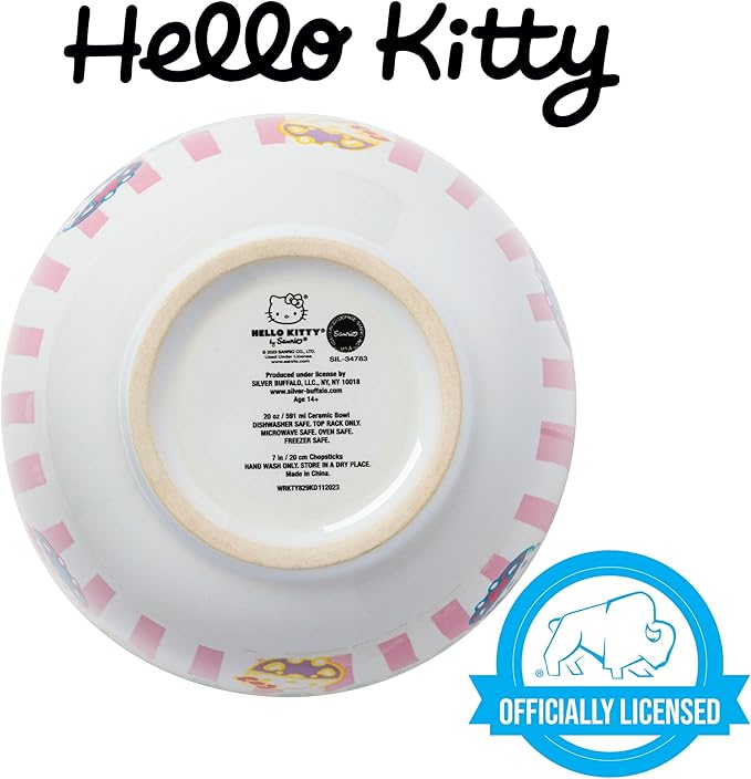 Silver Buffalo Sanrio Hello Kitty Pastel Colored Ceramic Ramen Noodle Rice Bowl with Chopsticks, Microwave Safe, 20 Ounces