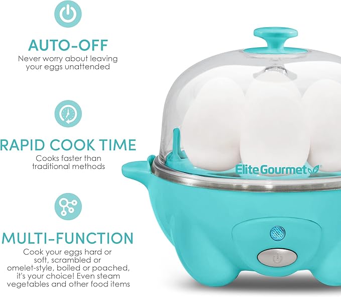Elite Gourmet EGC-007T# Rapid Egg Cooker, 7 Easy-To-Peel, Hard, Medium, Soft Boiled Eggs, Poacher, Omelet Maker, Auto Shut-Off, Alarm, 16-Recipe Booklet, Teal