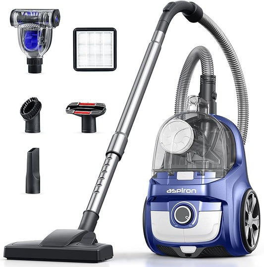 Aspiron Canister Vacuum Cleaner, 30Kpa Bagless Vacuum Cleaners, 3.7QT Large Dust Cup, Double HEPA Filter, Retractable Cord, 1600W Lightweight Vacuum Cleaner with 5 Tools for Hard Floors, Navy
