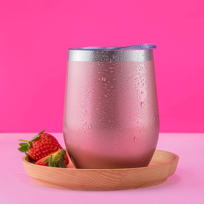 CHILLOUT LIFE 12 oz Stainless Steel Wine Tumbler with Lid - Double Wall Vacuum Insulated Wine Cup Glass Keeping Cold & Hot for Coffee, Champagne, Cocktails, Ice Cream - Rose Gold