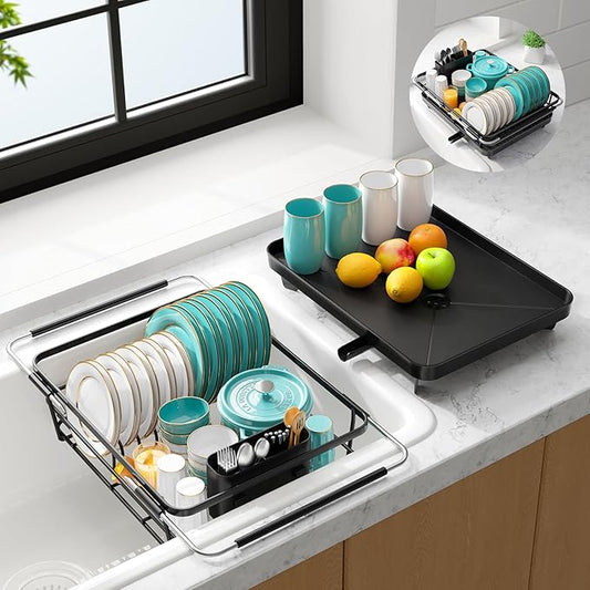 Extendable Dish Drying Rack Over Sink with Dish Drainer, Sink Organization and Storage Essentials with Silverware & Utensil Holder, Home and Apartment Decor, 12" W x 16.1~23" L, Black