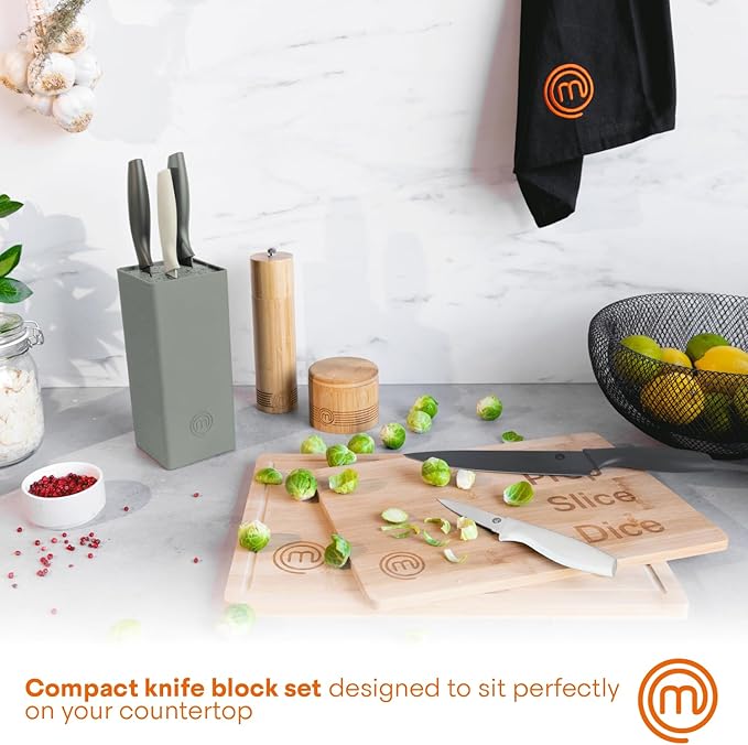 MasterChef Knife Block Set of 6 Kitchen Knives, Extra Sharp Stainless Steel Blades for Professional Cutting with Non Stick Coating & Soft Touch Easy Grip Handles in a Universal Holder, Earth Greys