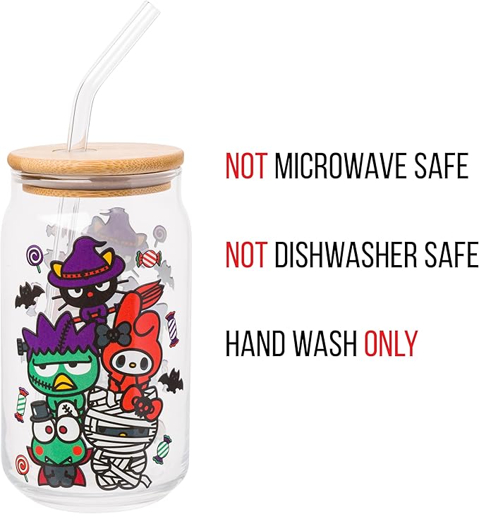 Silver Buffalo Sanrio Hello Kitty &Friends Halloween Spooky Badtz-Maru Frankenstein,Chococat Witch,My Melody Ghost,Keroppi Vampire,Mummy Glass Jar Tumbler w Bamboo Lid&Glass Straw,16oz(Pack of 12)
