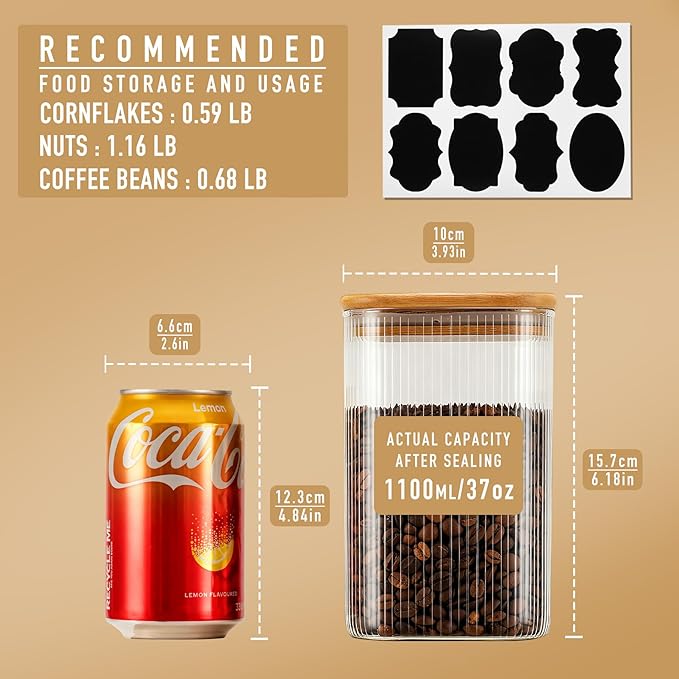 37oz Airtight Glass Square Storage Canisters with Bamboo Lids Set of 6 (1100ml) Striped Stackable Containers, Kitchen Jars for Pantry Noodles, Flour and Coffee beans (‎with Black Lable)