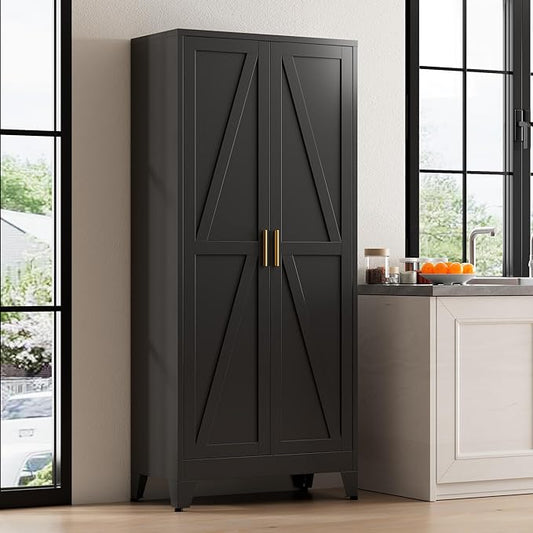 71" Tall Metal Pantry Cabinet, Kitchen Storage Cabinet with 2 Doors and 4 Adjustable Shelves for Kitchen, Living Room, Dining Room, Bathroom and Home, Office (Black, 71" H)