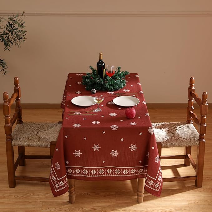 ISAENNE Designer Christmas Red Square Tablecloth,Linen Table Cloth with Snowflakes Pattern,Wrinkle Resistant Decor Tablecloths for Dining Kitchen Thanksgiving Christmas,67"*67"-Carol C