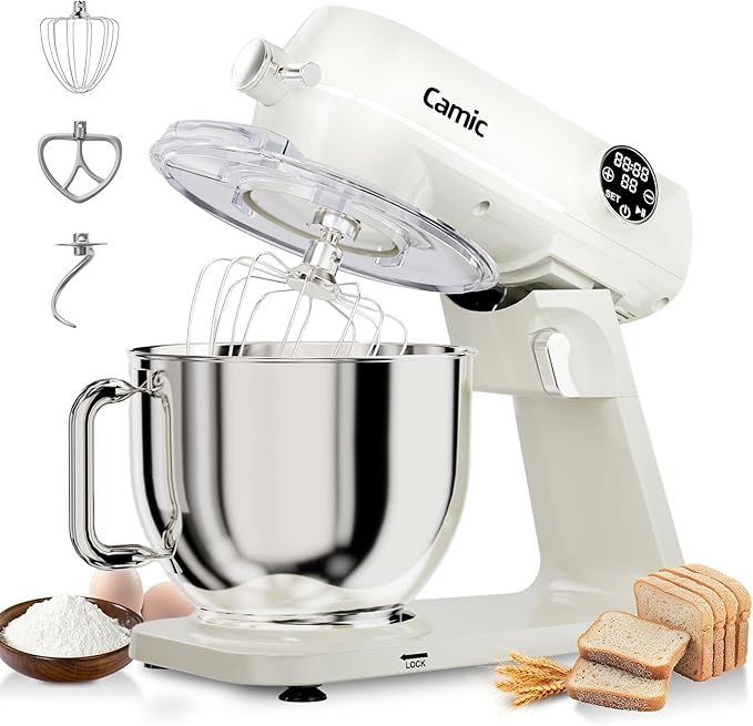 8.45 QT All Metal Dough Mixer,10 Speed Large Capacity Kitchen Stand Mixer with Digital Timer & Tilt-Head, Electric Mixer with Whisk Dough Hook Mixing Beater for Baking,Cakes,Cookie,Bread,Salad(White)