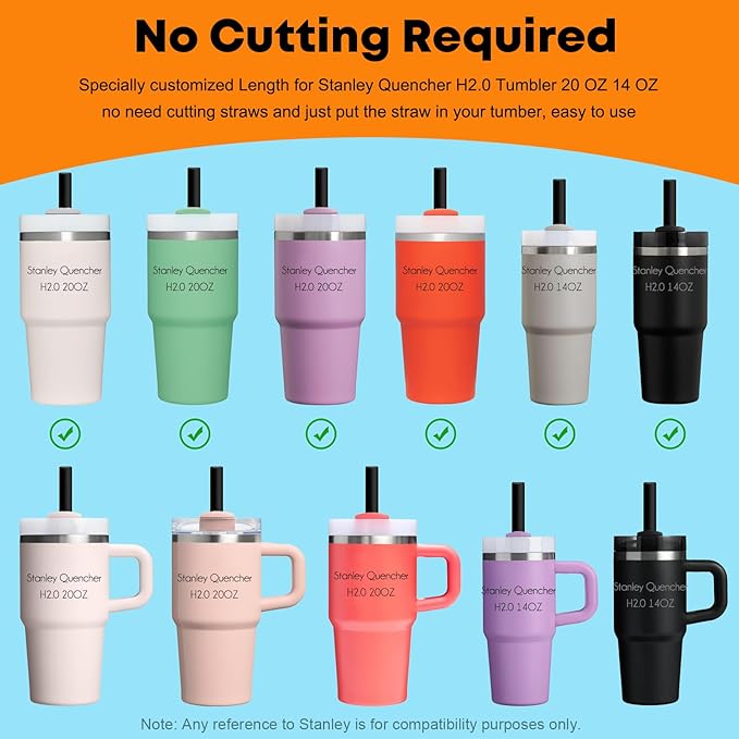 ALINK Black Replacement Straws for Stanley 20oz 14oz Tumble, 6 Pack Reusable Straws for Stanley Quencher 20oz 14oz Cups with Cleaning Brush, Dishwasher Safe and BPA Free