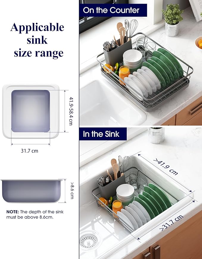 Kitsure Dish Drying Rack for Kitchen Counter, Stainless Steel Sink Organization and Storage Essentials with Cutlery Holder, Home and Appartment Decor, 12''W x 15.5''L, Grey