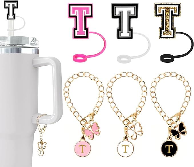 （3 +3) Nuozme Straw Cover Compatible with Stanley Tumbler Cup 3PCS Letter Straw Caps Toppers with 3 Initial Butterfly Charms Name ID For Stanley 30&40 Oz Cup