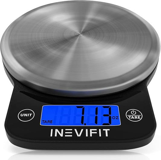INEVIFIT Digital Kitchen Scale, Highly Accurate Multifunction Food Scale 13 lbs 6kgs Max, Clean Modern Black with Premium Stainless Steel Finish. Includes Batteries