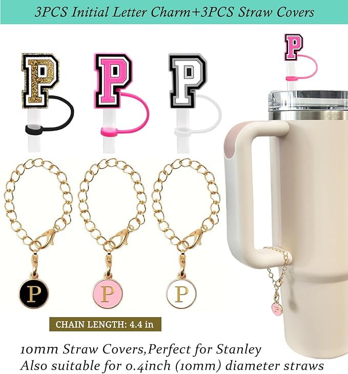 （3 +3) 3PCS Nuozme Straw Cover 10mm For Stanley Tumbler Cup Reusable Straw Cap Topper with 3 Initial Letter Charms Accessories Name ID Personalized Handle Charm For Stanley 30&40 Oz Cup Tumbler