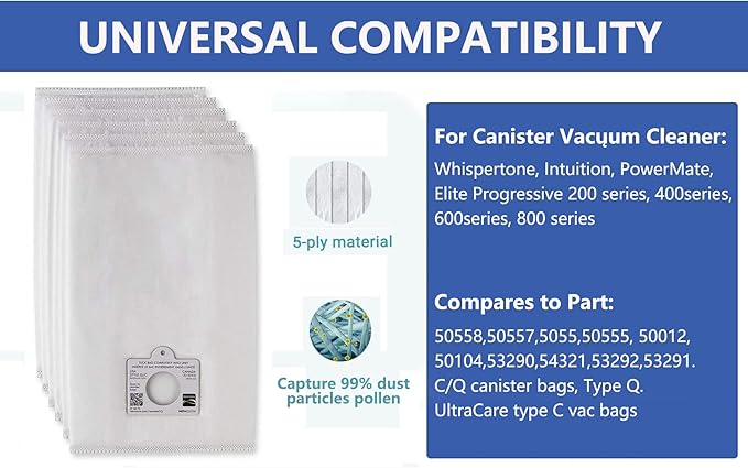 Compatible with Kenmore 53292 Type Q - C HEPA Canister Vacuum Bags,6-Pack (white)