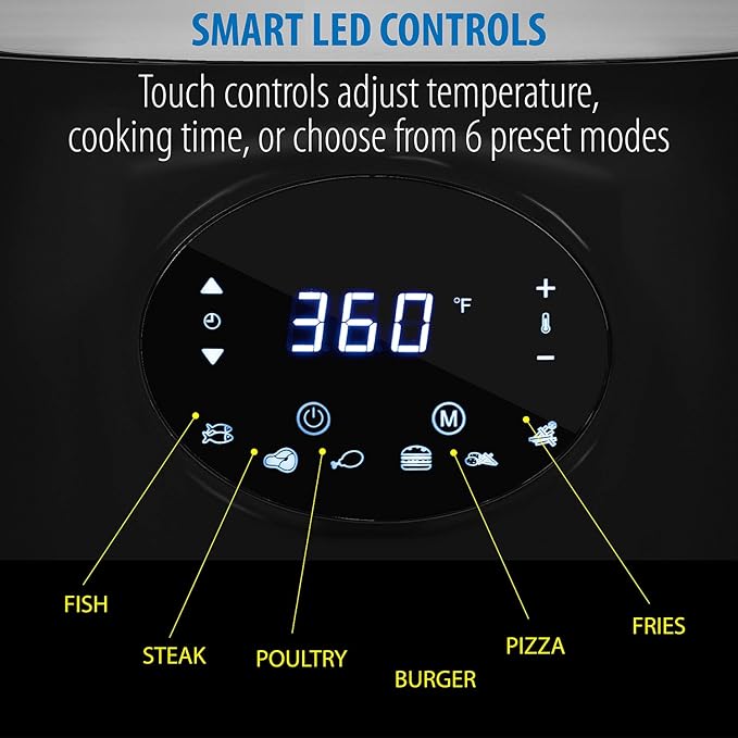 Deco Chef 3.7QT Digital Air Fryer with 6 Cooking Presets, LED Touch Controls, Adjustable Temperature and Time, Detachable Dishwasher Safe Non-Stick Basket, ETL Certified, Black
