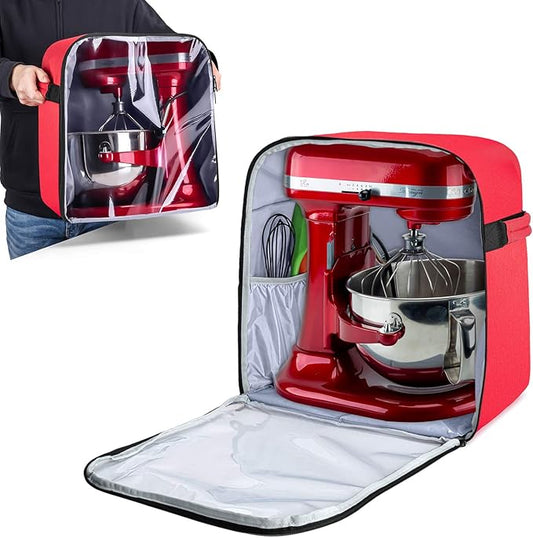 Luxja Dust Cover Compatible with 6-8 Quart KitchenAid Mixers (with a Bottom Padding Pad), Dust Cover (Clear Front Panel) for Stand Mixers and Extra Accessories, Red (Patented Design)