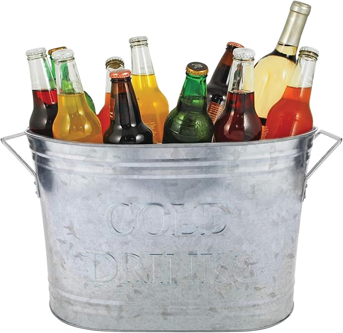 Twine Insulated Drink Galvanized Bucket, Beer and Beverage Tub, Metal Bucket, Ice Buckets for Parties, Holds 5.35 Gallons, Silver