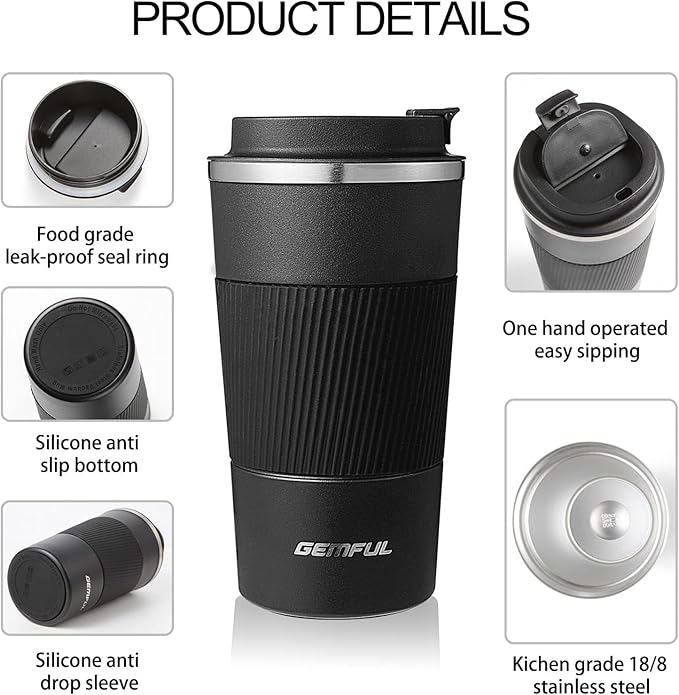 GEMFUL Travel Coffee Mug Insulated To Go Coffee Tumbler with Lid Portable Stainless Steel Reusable Leak proof Cups for Women Hot Cold Drinks 17oz (White)