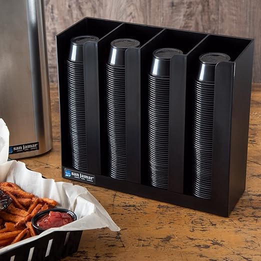 San Jamar Portion Cup and Lid Organizer Fits 2-3" Cups and Lids with Removable Dividers for Kitchen, Restaurant, and Fast Food, Plastic, 10 x 11.5 x 3.75 Inches, Black