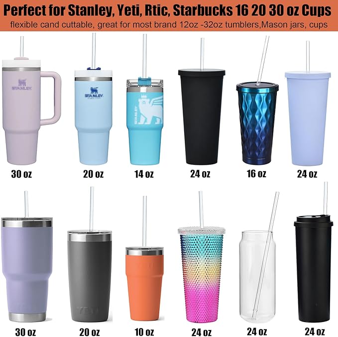ALINK 12-Pack Reusable Hard Plastic Clear Straws, 10.5 inch Long Tumbler Straws for 16 OZ 20 OZ 30 OZ Stanley, YETI, Starbucks Tumblers with Cleaning Brush
