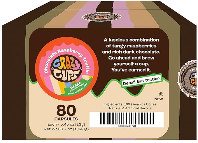 Crazy Cups Decaf Flavored Coffee Pods, Decaffeinated Chocolate Raspberry Truffle Flavored Coffee, Single Serve Hot or Iced Medium Roast Coffee for Keurig K Cups Machines, 80 Count(Pack of 1)