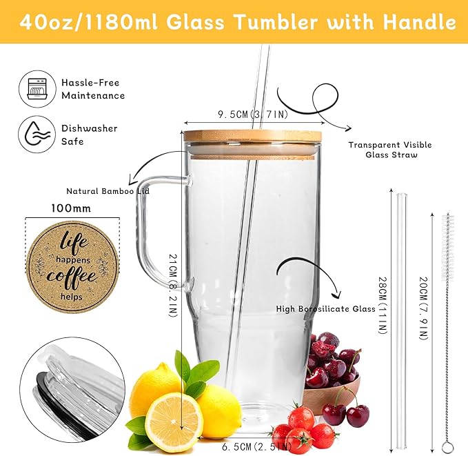 ANOTION Glass Cups with Lids and Straws - 40 Oz Tumbler with Handle and Straw Glass Water Bottles Drinking Glasses with Straws Iced Coffee Cups Travel Coffee Mug Smoothie Tumbler