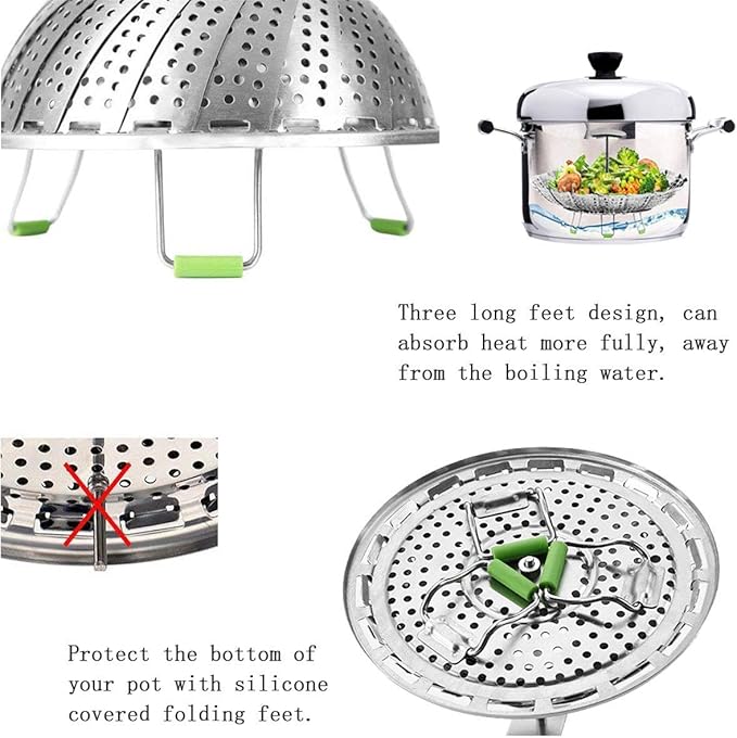 Stainless Steel Veggie Steamer Basket with Folding Handle - Expandable to Fit Pots 6.4" to 10"