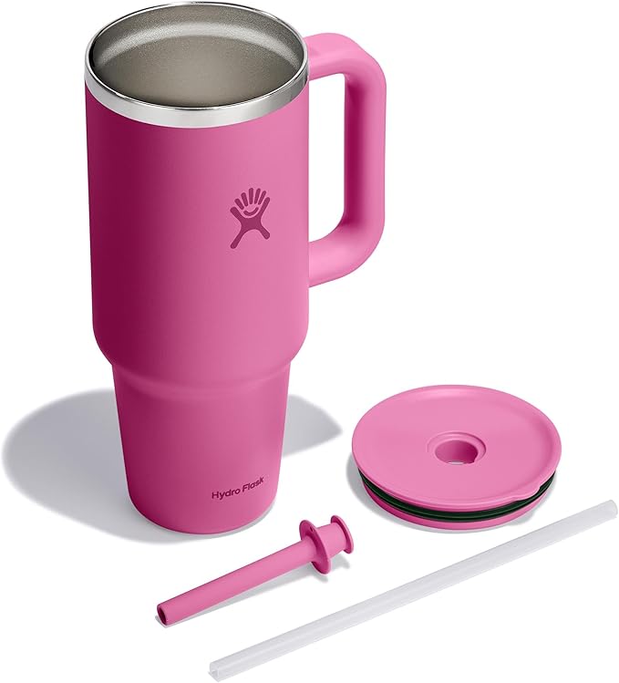 Hydro Flask Travel Tumbler with Handle, Lid and Straw - Insulated Stainless Steel in 40 Oz Reef Pink