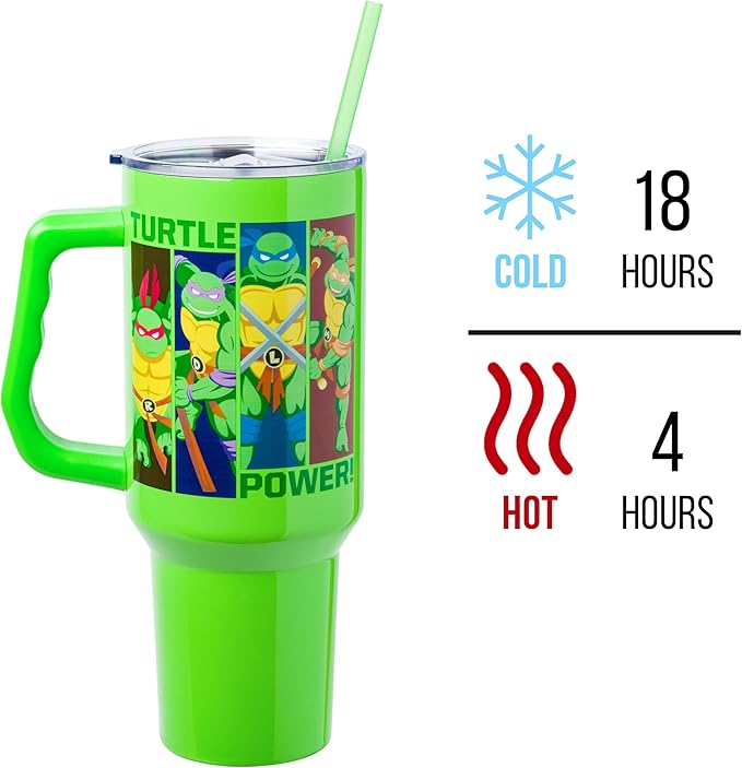 Silver Buffalo Teenage Mutant Ninja Turtles Turtle Power Stainless Steel Tumbler with Handle Featuring Leonardo, Donatello, Raphael, and Michelangelo, Fits in Standard Cup Holder, 40 Ounces