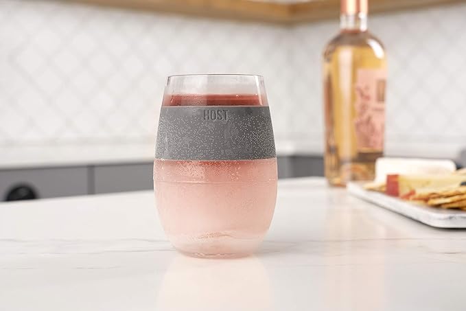 HOST 2962 Freeze Stemless Red & White Wine Tumbler Cups, Insulated Plastic Glass, Set of 2, 8.5 oz, Grey Silicone Bands