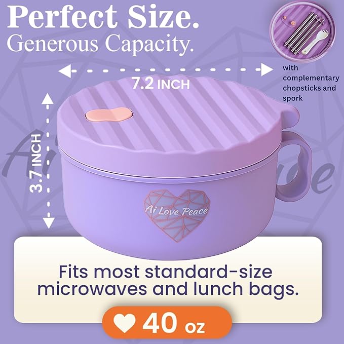 AI LOVE PEACE Ramen Bowl, 40 oz Microwaveable Noodle Cooker for Ramen, Pho, Soup, and Pasta, Dishwasher Safe and Portable, Ideal for Home, Office, Dorm, or Gift (Purple)