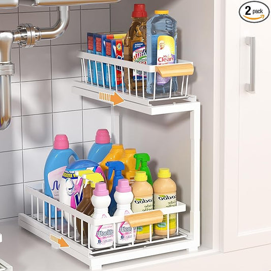 Under Sink Organizer,2 Tier Under Sink Organizers and Storage,Slide Out Pull Out Cabinet Organizer Shelf, Metal Sliding Drawer for Kitchen Bathroom Pantry Cabinet Closet Organization Rack