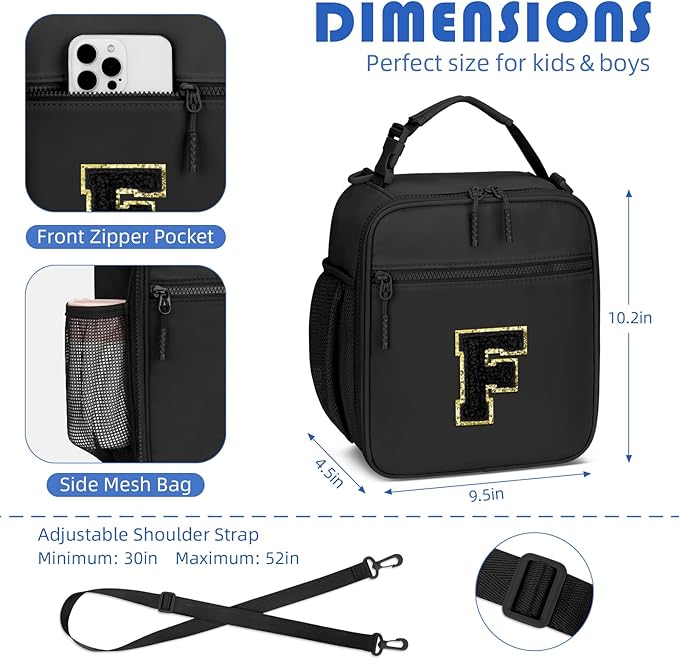 Initial Insulated Lunch Bag for Boys Kids, Back to School Gift, Reusable Leak-proof Lunch Box with Adjustable Strap for School Daycare Travel Picnic（Black，F）