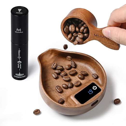 Walnut Coffee Bean Scale with Spray Bottle and Coffee Scoop by MUVNA