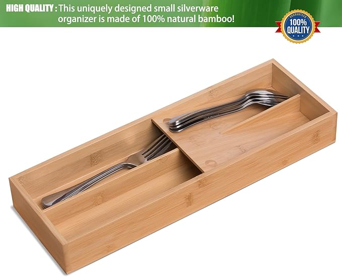 Bamboo Silverware Drawer Organizer, Kitchen Small Silverware Organizer, Utensil Tray Holder, Cutlery Tray for Spoons, Forks, Knives, Suitable for a family of 2-4