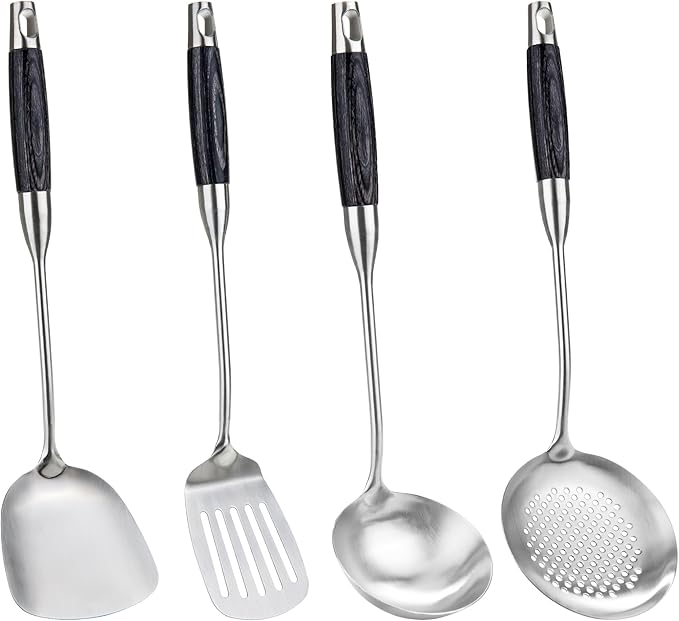FJNATINH Wok Spatula Set of 4, Spatula Slotted Turner, Soup Ladle, Slotted Spoon for Cooking Utensils with Wooden Handle, Kitchen Stainless Steel Spatulas Cooking Spoons