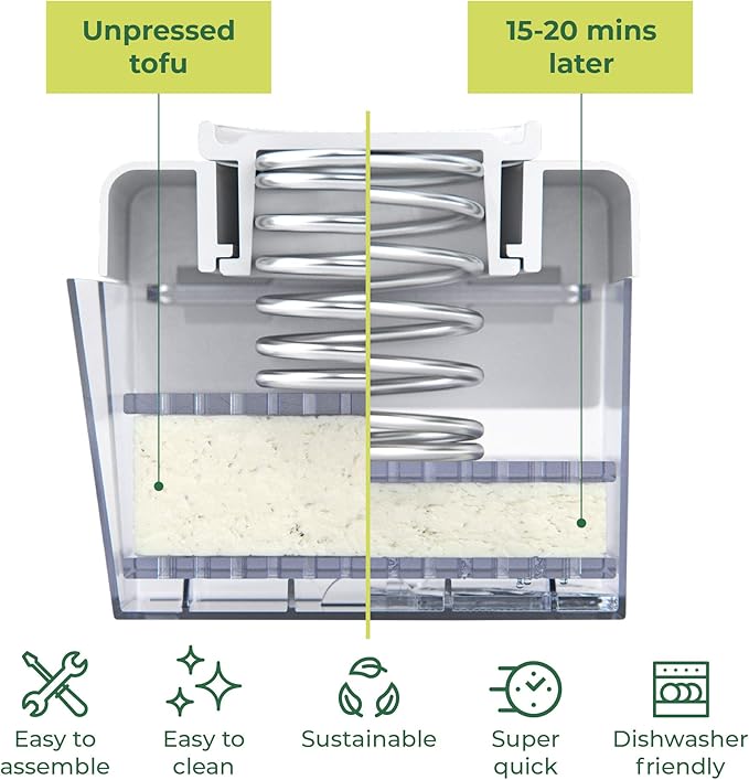TofuBud Tofu Press - Presser for Firm or Extra Firm Tofu - Dishwasher Safe with Water Drainer - Made from Durable Sustainable Materials - Perfect for Vegan Cooking - Healthy Recipes Cookbook Included