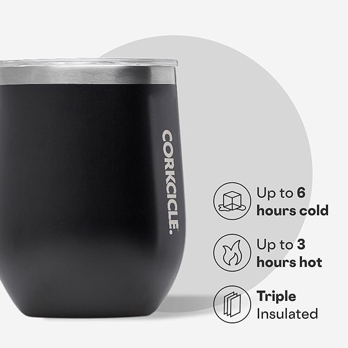 Corkcicle Stemless Wine Tumbler - Keeps Drinks Cold for 6 Hours - Triple-Insulated Stainless Steel - Non-Slip Base - Summer Drinkware Gift - Keeps Drinks Ice Cold - 12 oz - Matte Black