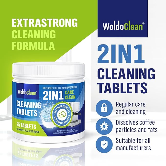 WoldoClean 2-Phase Cleaning Tablets for Espresso Machines 25 Tablets - compatible with Breville, Jura, Bosch, Philips, Casabrews, KitchenAid, De'Longhi, Ninja