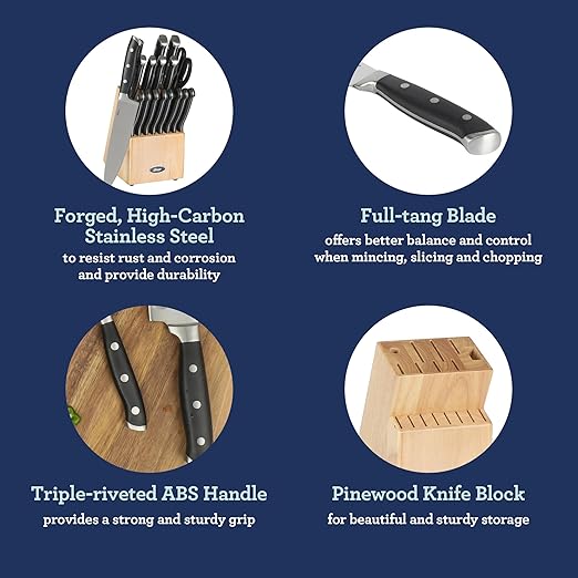 Oster Ginley 18 Piece High Carbon Stainless Steel Cutlery Kitchen Knife Block Set w/ABS Triple Riveted Forged Handle Wood Block - Black - Cuchillos Para Cocina