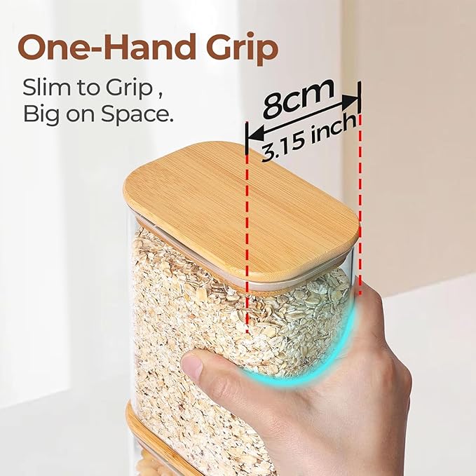 ComSaf 2.2 Qt Rectangle Glass Storage Containers with Lids, Glass Jars with Bamboo Lids, Clear Food Storage Jar, Tall Spaghetti Container, Pantry Storage Container for Pasta Flour Oats Nuts Rice
