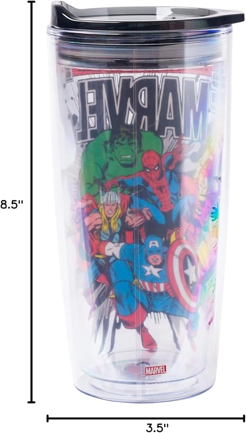 Silver Buffalo Marvel Avengers Featuring Spider-Man, Captain America, Thor, Hulk, and Iron Man Double Wall Travel Tumbler with Slide Close Lid, 20 Ounces