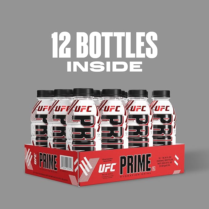 PRIME Hydration UFC, Sports Drinks, Electrolyte Enhanced for Ultimate Hydration, 250mg BCAAs, B Vitamins, Antioxidants, Low Sugar, 16.9 Fl Oz, 12 Pack