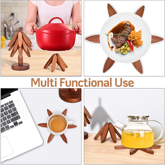Trivets for Hot Dishes，Tree Shape Trivet Set,4 Wooden Trivets + 1 Stand， Heat-Resistant Foldable Wooden Tree Trivet Set for Pot、Bowl、Teapot、Hot Pot Holder