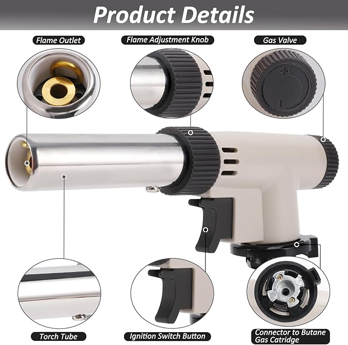 CORKAS Butane Torch Head, Professional Kitchen Cooking Torch with Adjustable Flame, Culinary & Grilling Blow Torch Lighter for Desserts, Creme Brulee, Soldering, BBQ and Baking (Fuel Not Included)