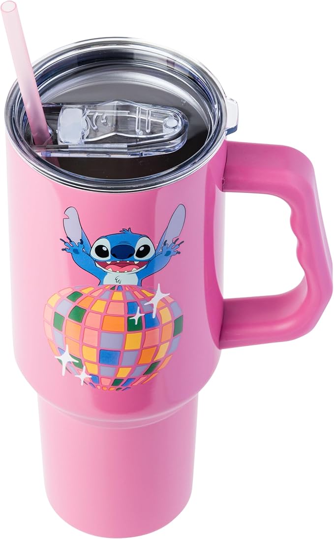 Silver Buffalo Disney Lilo and Stitch Life is a Party Disco Ball Stainless Steel Tumbler with Handle and Straw, Fits in Standard Cup Holder, 40 Ounces