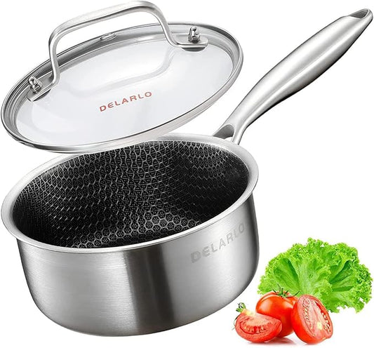 DELARLO Tri-Ply Hybrid Stainless Steel Saucepan, Hybird 1.5QT Non Stick Pots, All Stove Safe Up to 600℉, Sauce Pot 1.5 Quart Non Stick Sauce Pan, Saucier Pan, Honeycomb Pan,Small Saucepan, Lids 300℉
